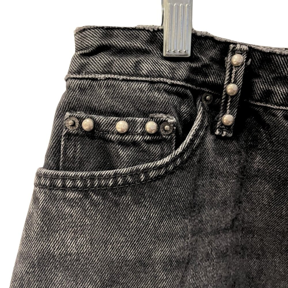 GRLFRND EVA STUDDED AND GUSSET A-FRAME BLACK DENIM MINI SKIRT, RAW EDGE, SIZE 29 - Picture 10 of 13
